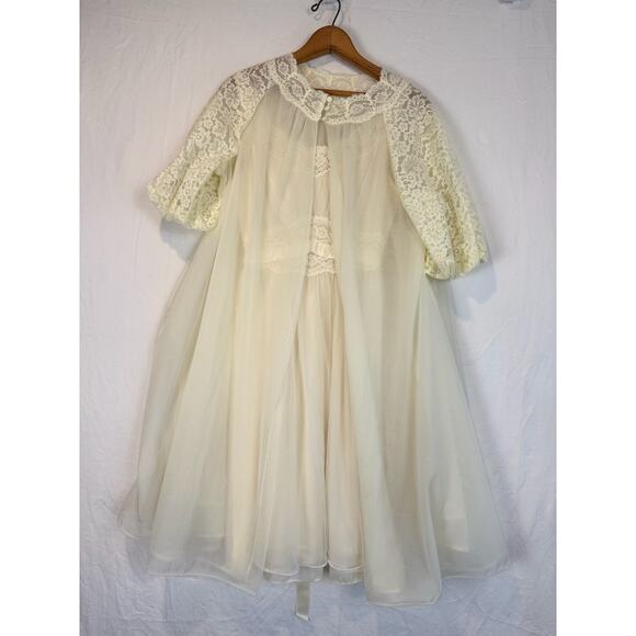 Vtg Sz 32 Bridal Glamour Vanity Fair Ivory Sheer Chiffon Nightgown Peignoir Robe - Picture 2 of 8